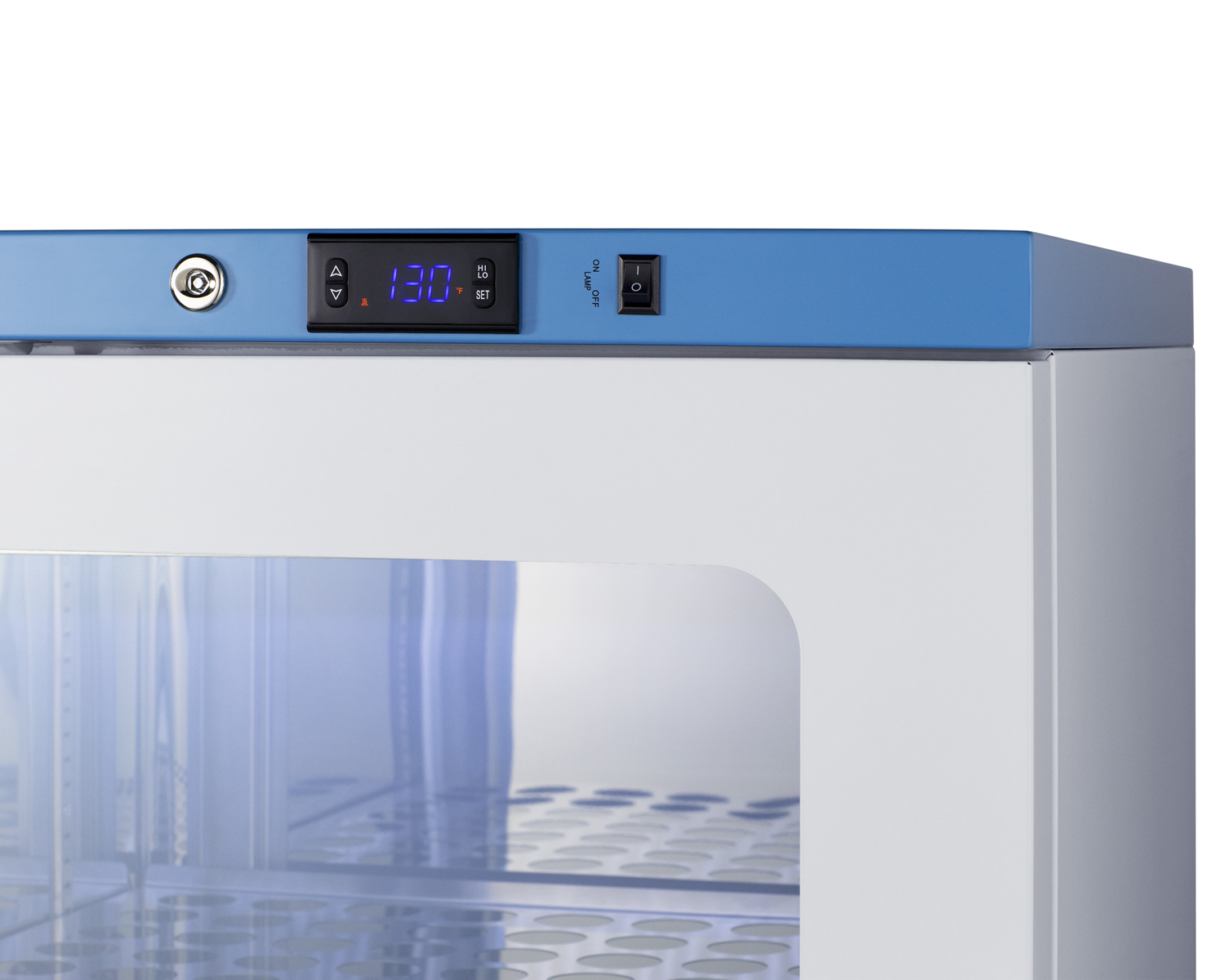 Performance Series hospital blanket warmer with a self-closing glass door, stainless steel interior, digital thermostat, casters, and lock